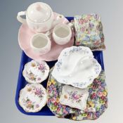 A tray containing assorted ceramics to include Richmond Blue Rock dish, Royal Winton chintz plates,
