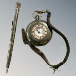 A silver half-hunter pocket watch and an Eversharp mechanical pencil.