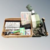 Two boxes containing fish equipment to include concertina boxes, fishing jacket, reel, lures,