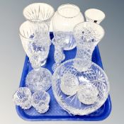 A tray of crystal cut glass, vases, decanter.
