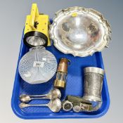 A tray containing miscellanea to include a Kosta Boda vase, plated basket, miniature miners lamp,