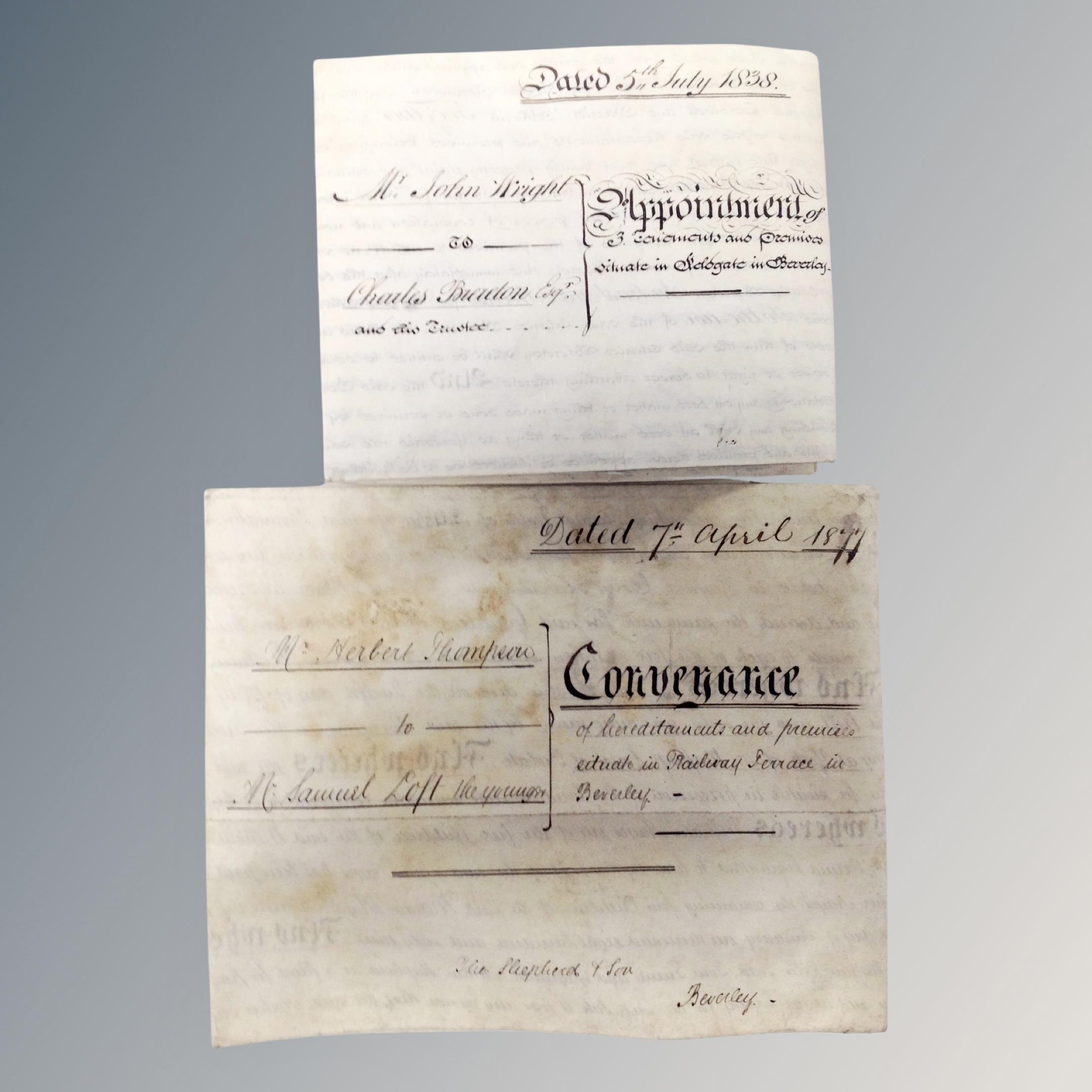 Two 19th century indentures on vellum dated 1838 and 1877. - Image 2 of 2