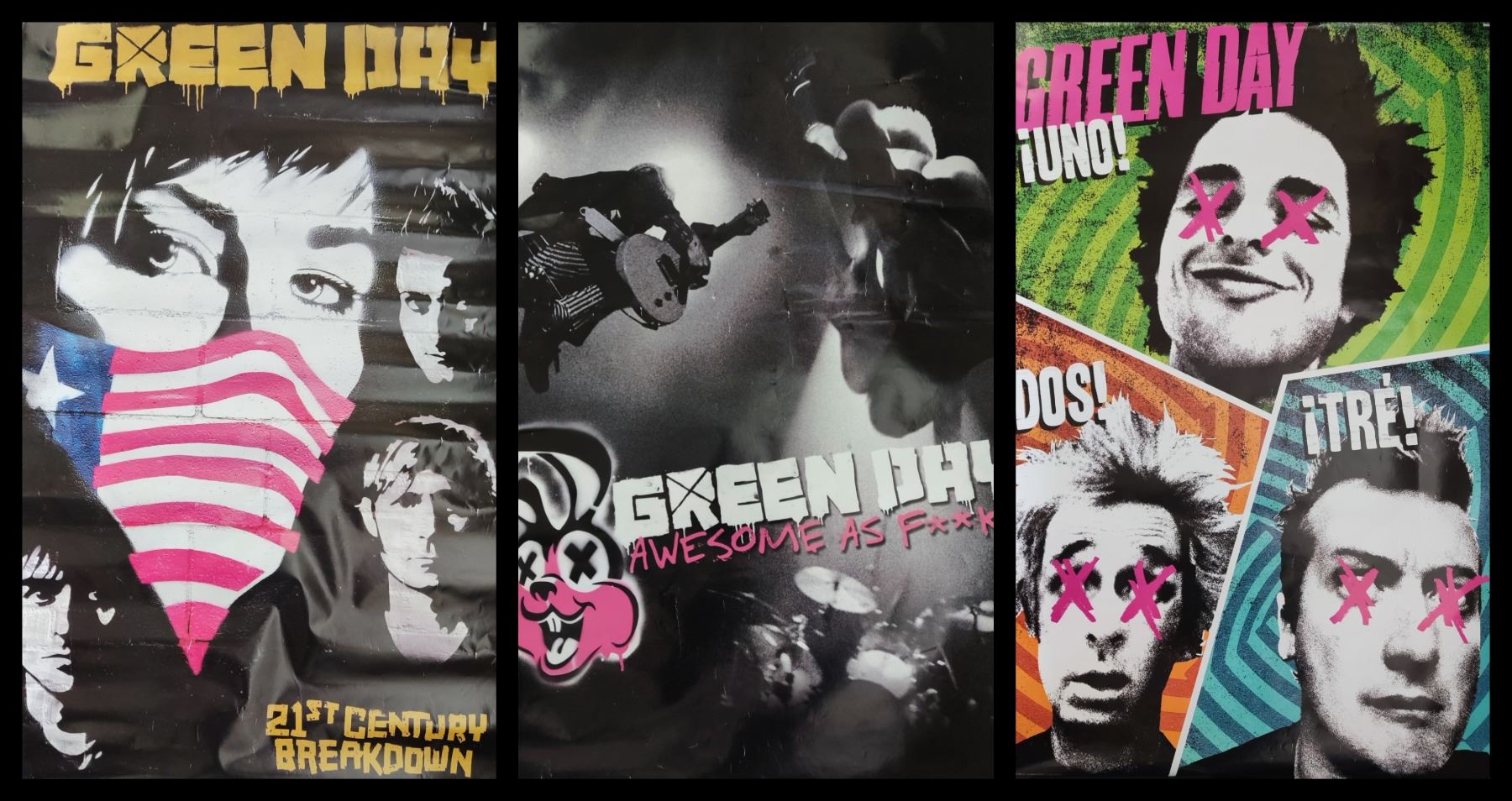 A collection of Green Day rock band posters.