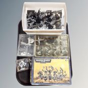 A tray containing a collection of plastic and lead Games Workshop Warhammer figures.