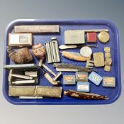 A tray containing assorted collectables to include vintage Gillette razors, cut throat razors,
