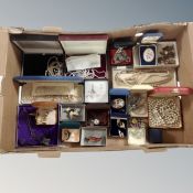 A box containing vintage and later costume jewellery to include simulated pearl necklaces,