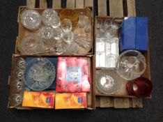 Three crates of assorted boxed and unboxed glass ware, French crystal, Bohemian glass bowl,