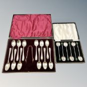 A cased set of twelve silver teaspoons and tongs,
