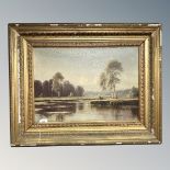 Continental School : Lake with trees beyond, oil on canvas,