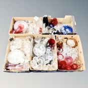 A pallet of five boxes of assorted glassware, coloured vases, drinking glasses,