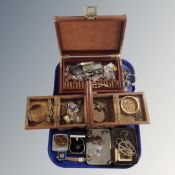 A tray containing leather and concertina trinket boxes together with a quantity of vintage and