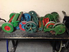 Five vintage push lawn mowers, Qualcast,