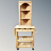 A pine butcher's block trolley together with a pine open corner wall shelf