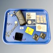 A tray of collectables including coins, Falklands Crown, uncirculated £2, six dress rings,