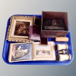 A tray of antique curios including glass photographic plates, field glasses, treen lidded pot,