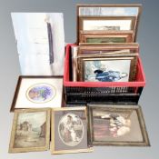 A box containing antique and later pictures and prints, oil on board of dwellings by water,