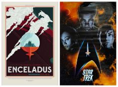 A collection of NASA lithographs and Star Trek posters