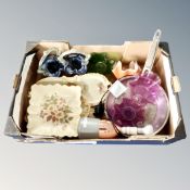 A box of ceramics, Venetian glass baskets,