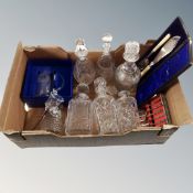 A box of six assorted antique and later cut glass decanters, boxed tankard,