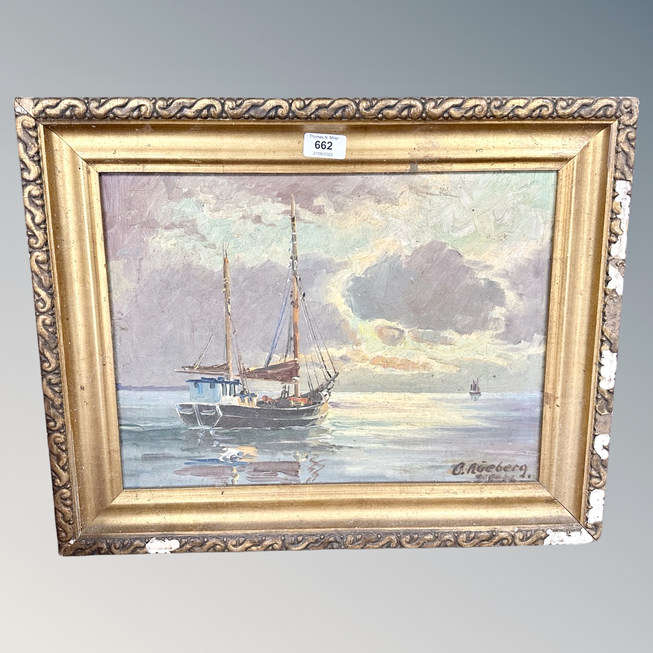 C Rueberg : Fishing boat at sea, oil on canvas,