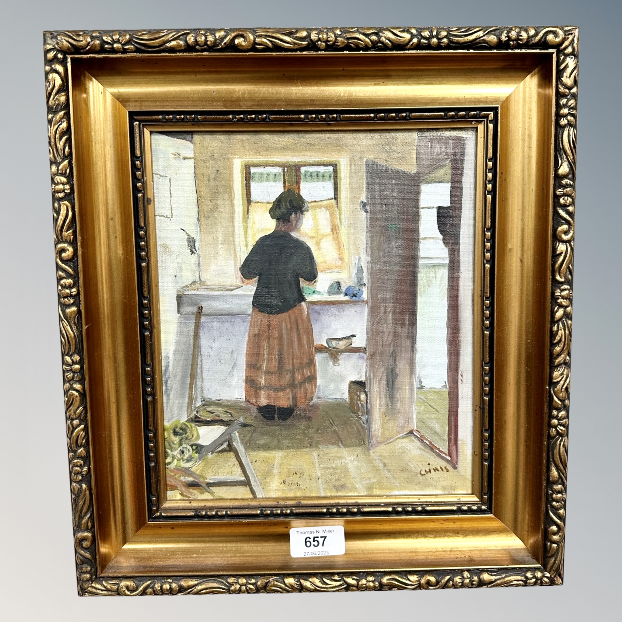 Continental School : Lady by a sink in cottage interior, oil on canvas,