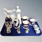 A tray of antique and later ceramics, 19th century lustre mugs, Moscow Olympics bear figure,