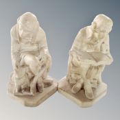 A pair of vintage chalk bookends modelled as The Reading Man and The Thinking Man.