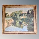 A 20th century oil on canvas : reflections on a river, indistinctly signed, 75cm by 63cm,