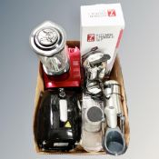 A box containing assorted kitchen electricals and utensils set.