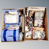 Two boxes containing haberdashery items, buttons, knitting patterns.