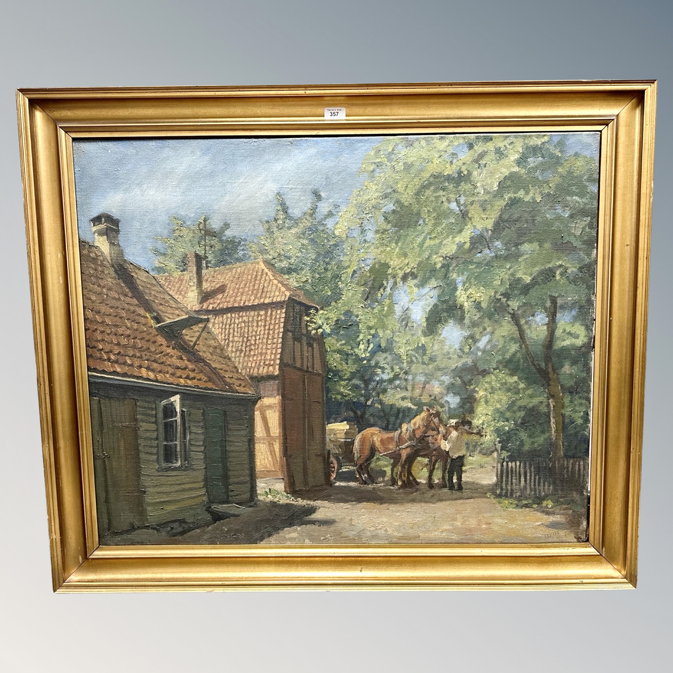 Continental School : Cart horses outside a house, oil on canvas,