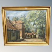 Continental School : Cart horses outside a house, oil on canvas,