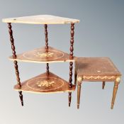 A contemporary Italian style three tier corner whatnot stand together with a leather topped