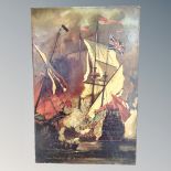 A Robin Watts oil on board depicting an Armada battle scene, 46cm by 31cm,