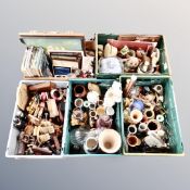 A pallet of five crates of antique and later ceramics, glass ware, figurines, carvings,