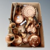 A box containing vintage copper wares to include porcelain-handled kettle, wall plaques,