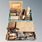 A box and crate containing antique and later wooden and leather bound boxes, leather bandolier,