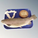 A model of a rainbow trout and accompanying plaque,
