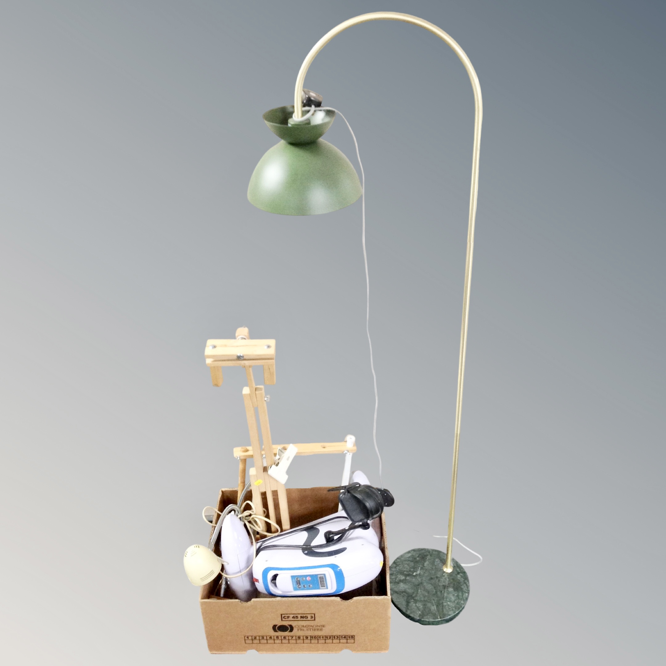 A contemporary anglepoise floor lamp together with a box containing tapestry frame artist's easel,