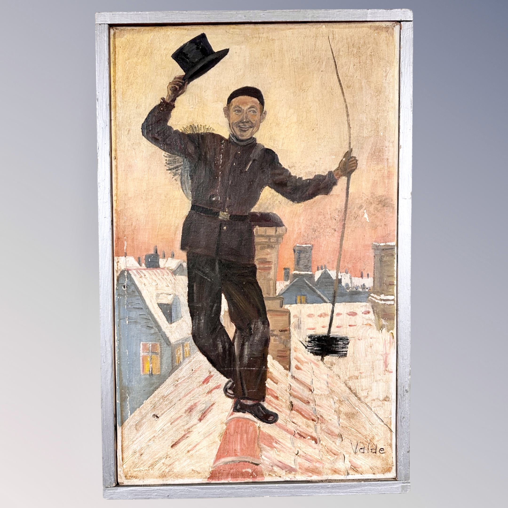 Valde : A chimney sweep on a tiled roof, oil on canvas,