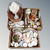Three boxes containing antique and later ceramics, English tea ware, ornaments, china,