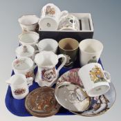 A tray of commemorative ware, antique and later china mugs and beakers, Shelley, Aynsley,