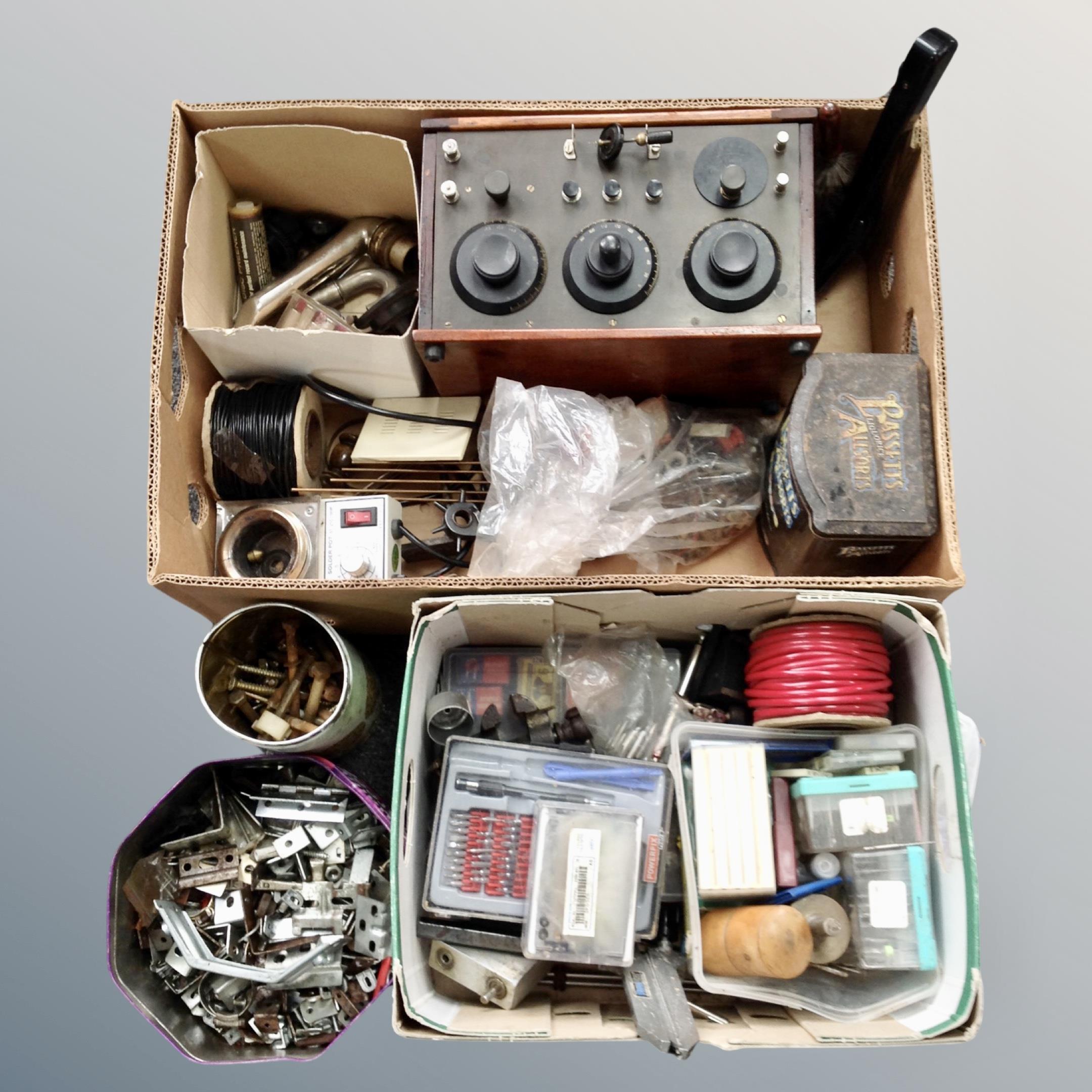 Two boxes and two tins containing electrical components, tools, gramophone parts etc.