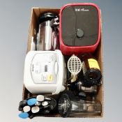 A box containing assorted kitchen electricals, knife block and knives.