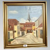 Benthim : A continental street with tiled roofs, oil on canvas,