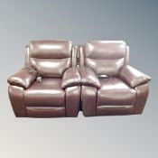 A pair of Burgundy leather electric reclining armchairs