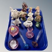 A tray containing assorted Spanish and other ornaments, Caithness glass vase,