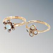 Two vintage 9 carat gold opal cluster rings, 5 grams weight.