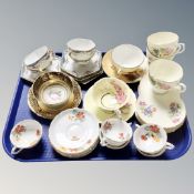 A tray containing antique and later china tea ware to include Paragon, Doulton, Tuscan etc.