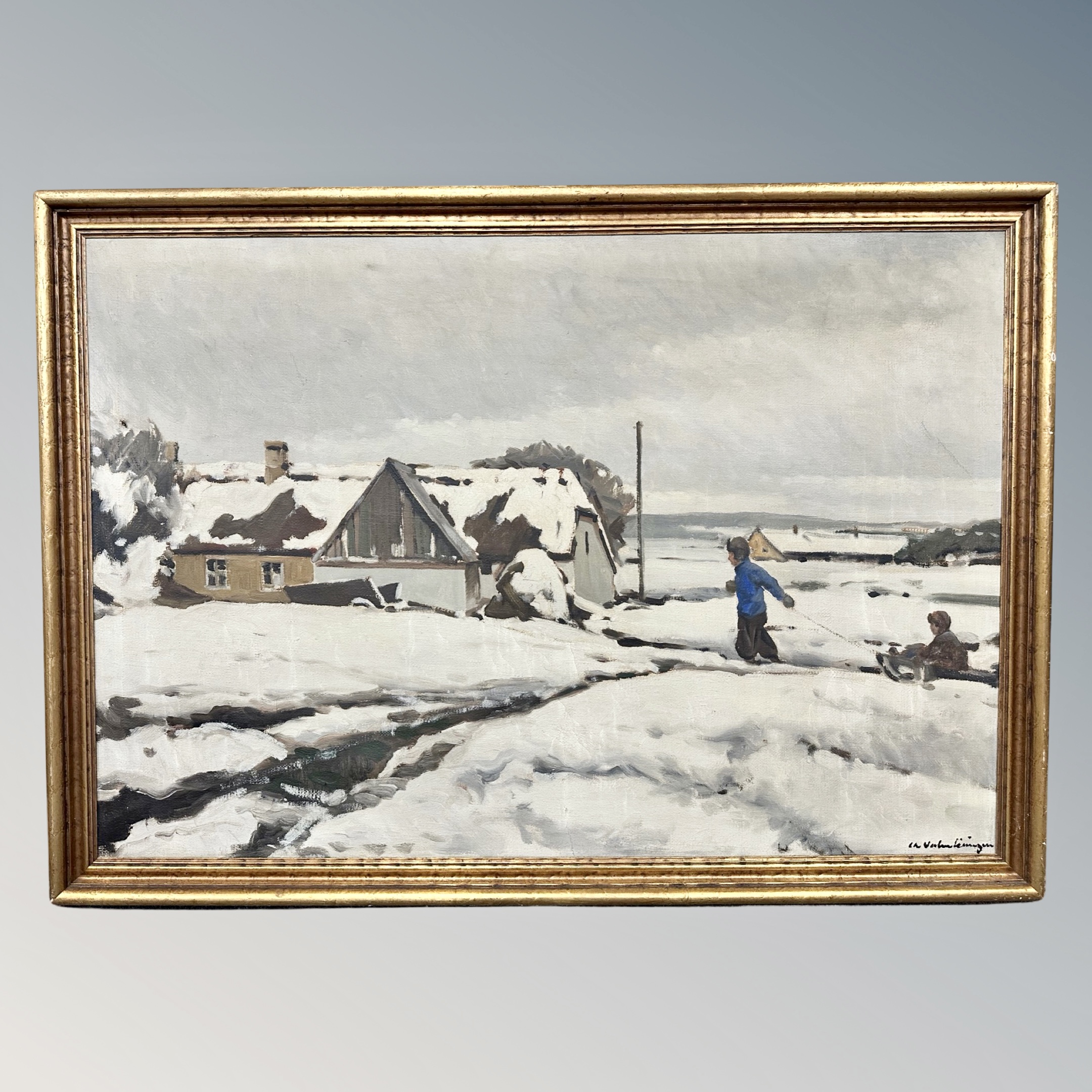 Continental School : Sledging in the snow, oil on canvas,